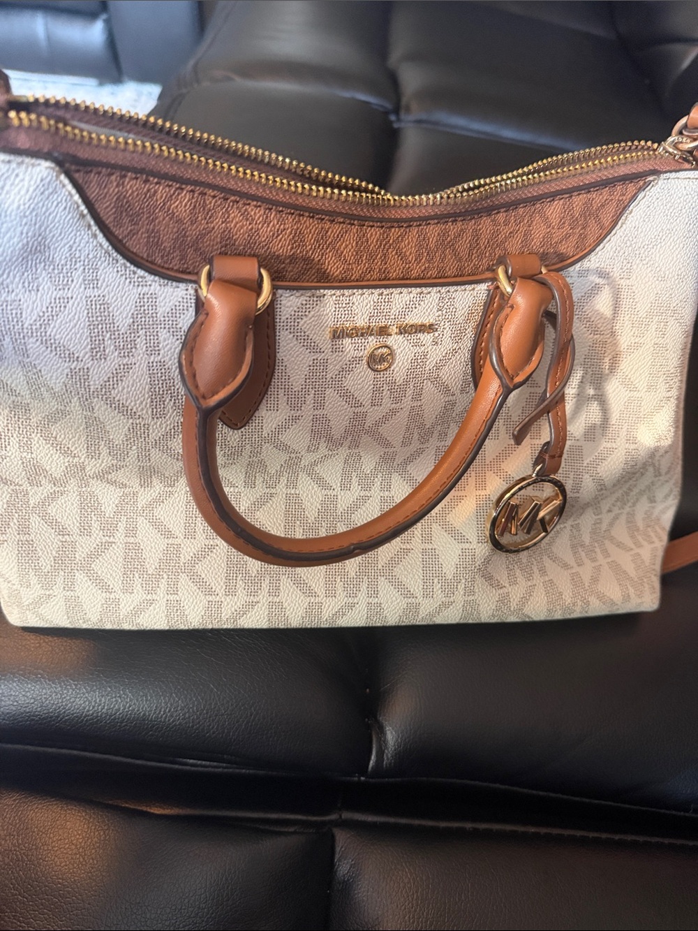 Michael Kors Cream & Brown Signature Logo Satchel with Gold Hardware